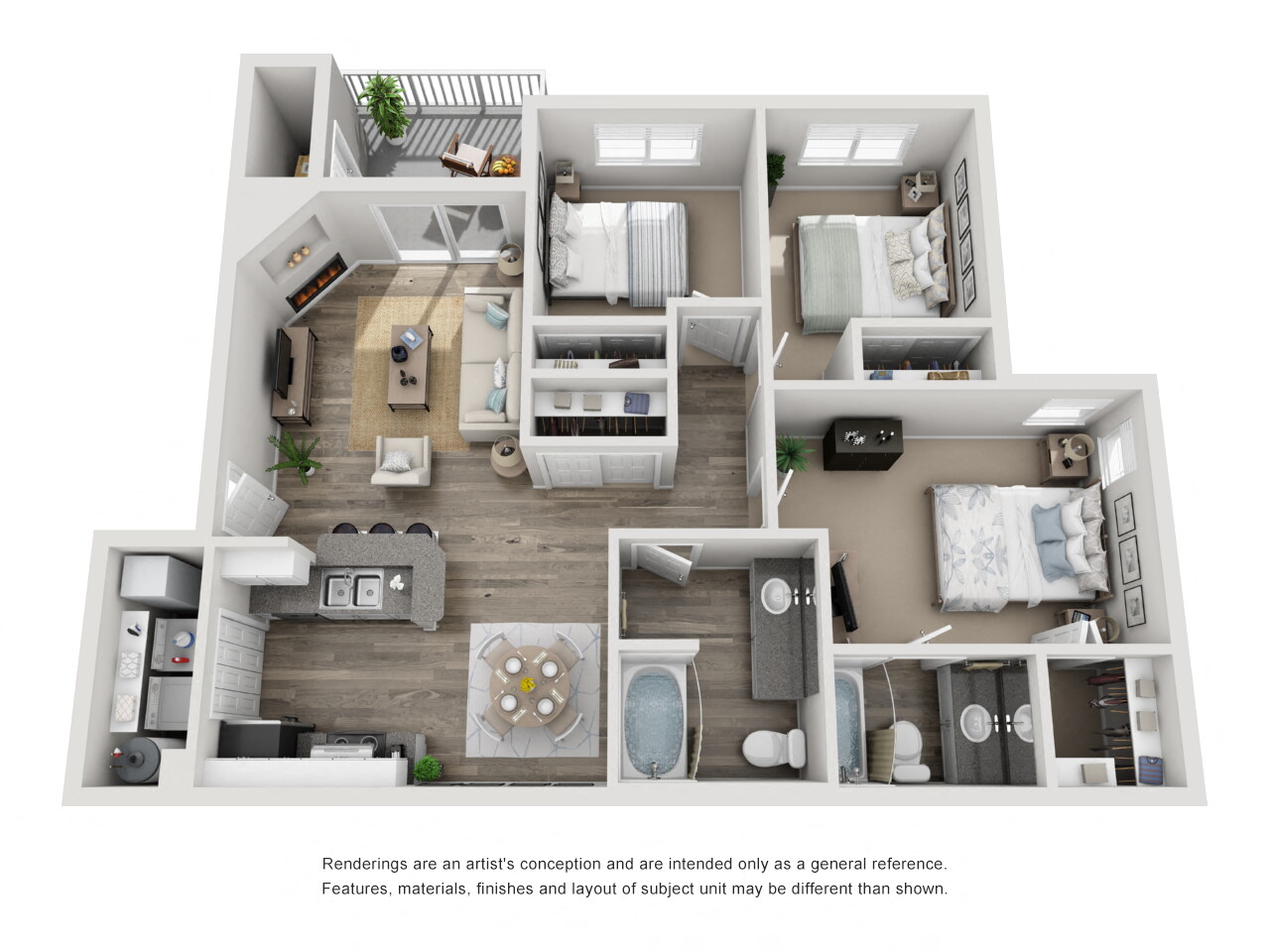 Floor plan for 3 beds, 2 baths, 1250 sqft